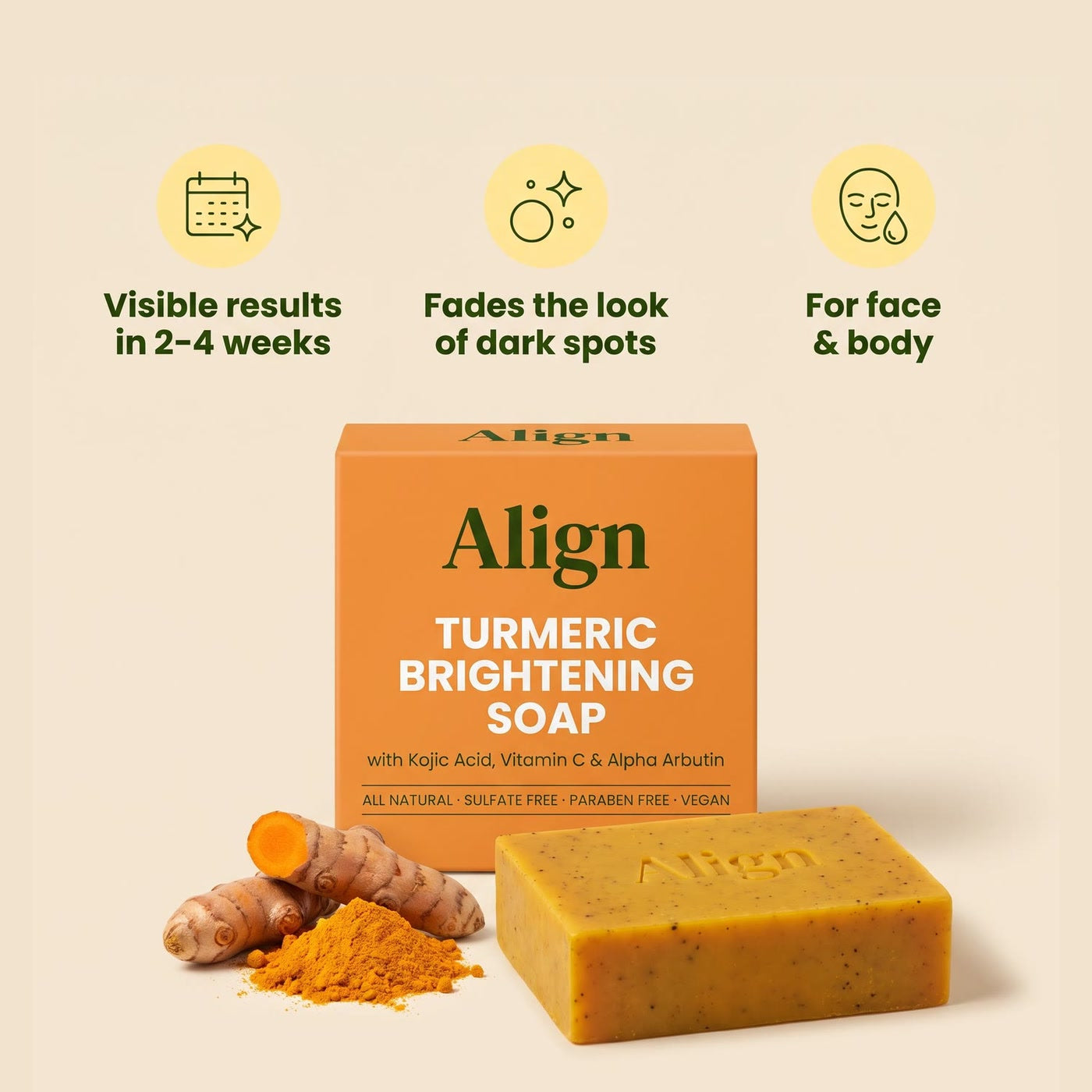 Align Turmeric Brightening Soap: the box and the bar, with fresh turmeric