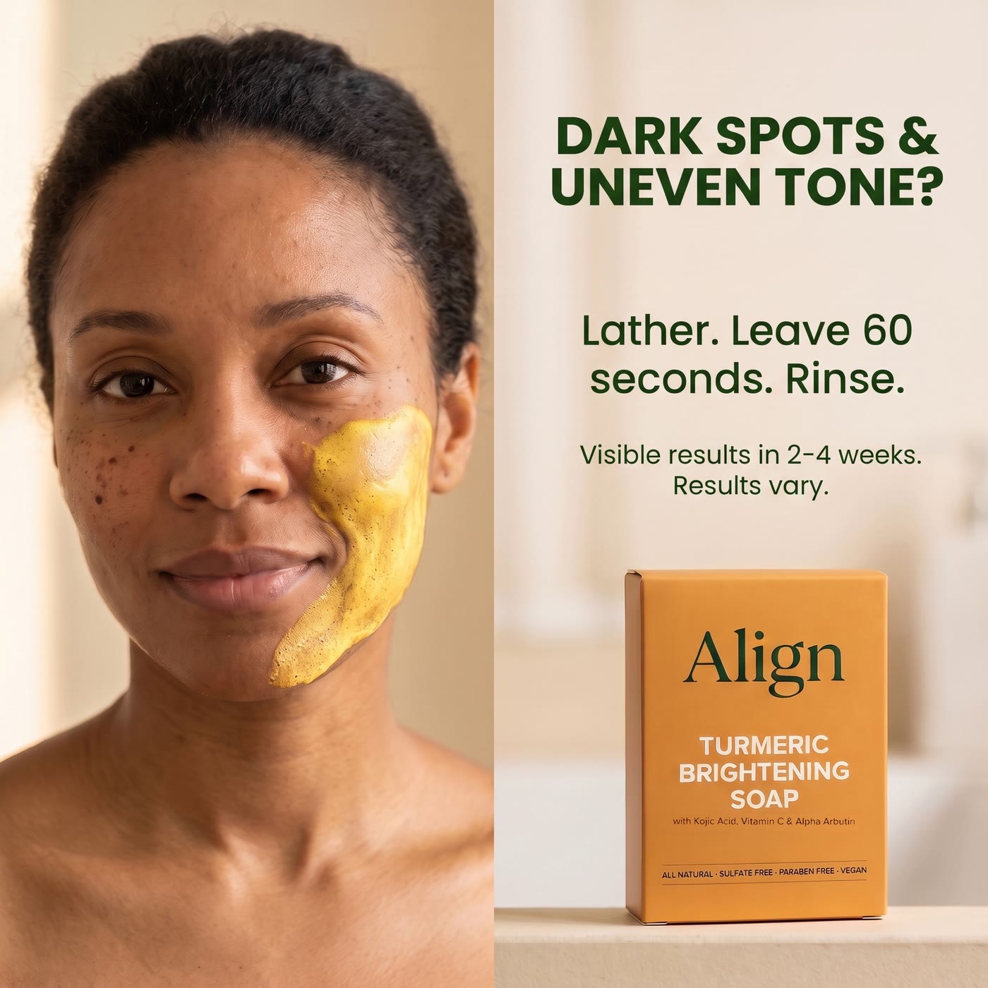 Dark spots on one cheek, yellow lather on the other: lather, leave 60 seconds, rinse
