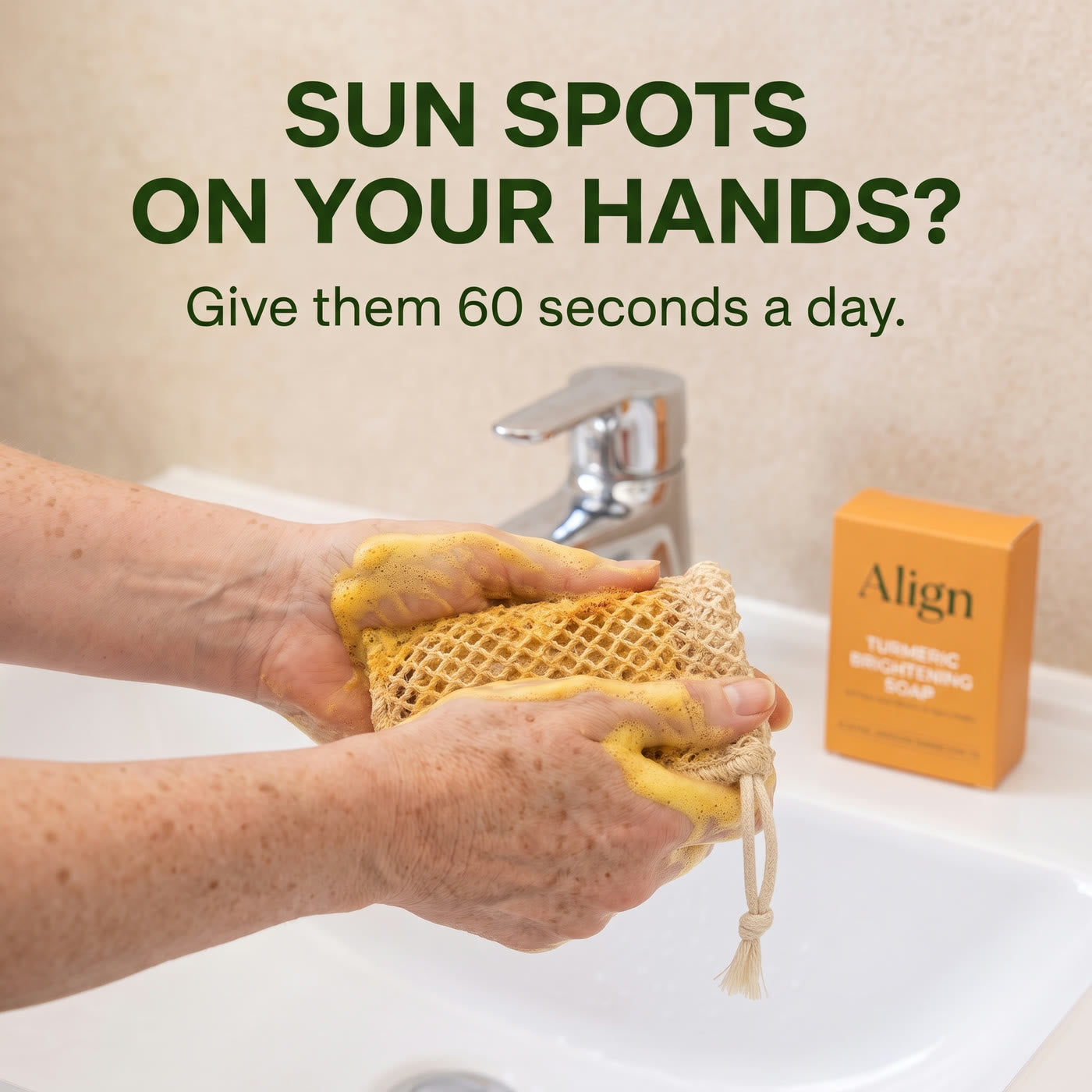 Sun spots on the hands: lathering the bar in the exfoliating net