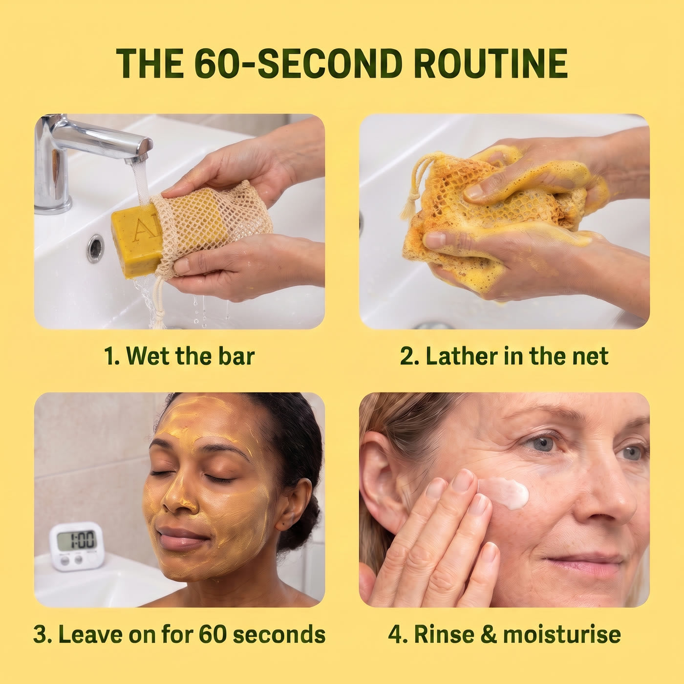 The 60-second routine: wet the bar, lather in the net, leave on 60 seconds, rinse and moisturise