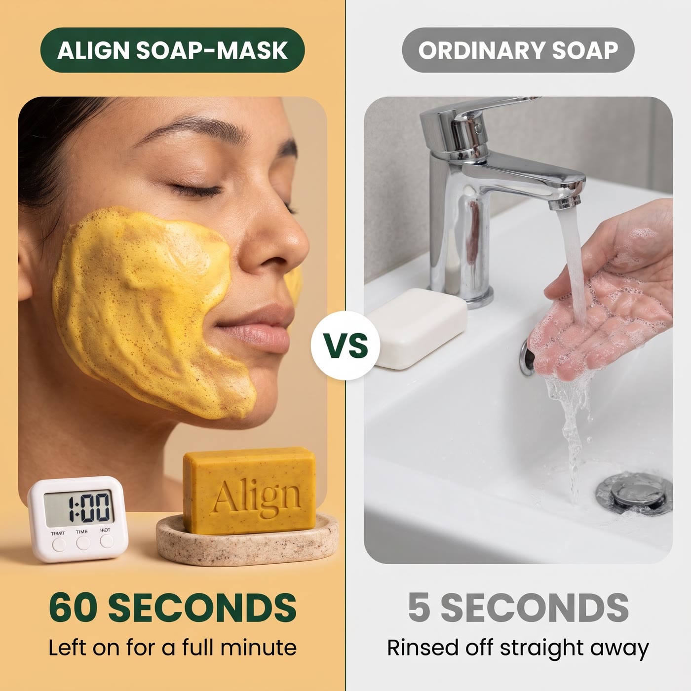 Align soap-mask, 60 seconds on the skin, against ordinary soap, rinsed in 5 seconds