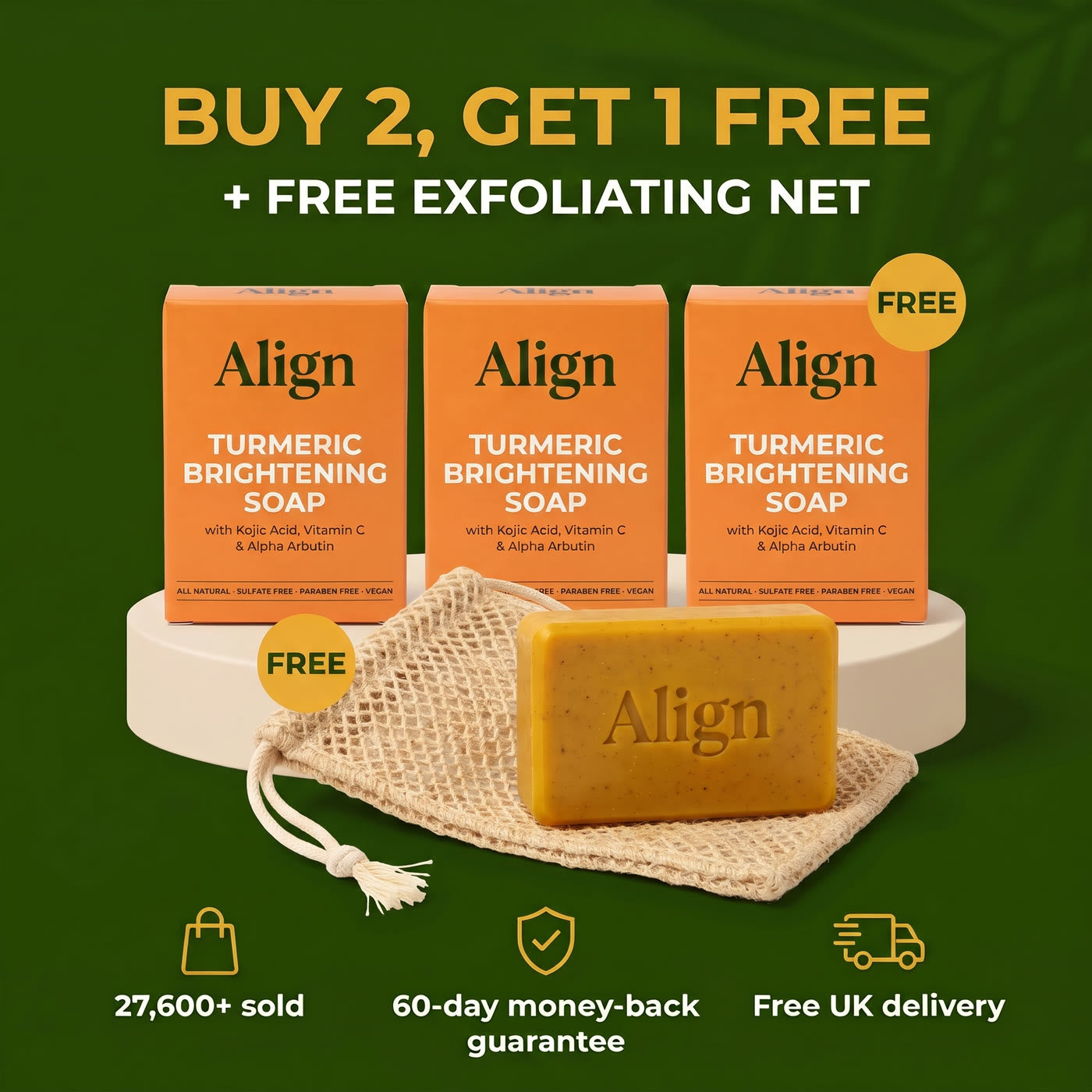 Buy 2, get 1 free with a free exfoliating net, 60-day money-back guarantee, free UK delivery