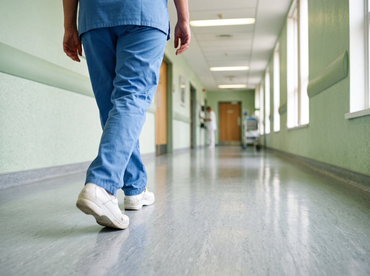 Nurse walking a hospital corridor in white clogs, seen from behind
