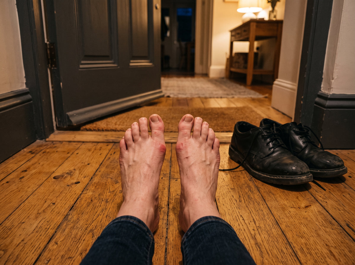 Bare feet on a wooden floor beside work shoes just taken off in the evening