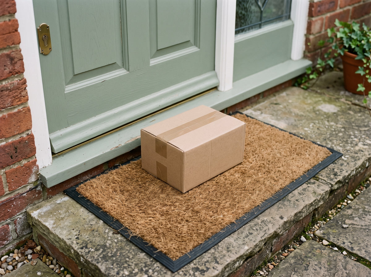 Plain parcel on a doormat at a front door