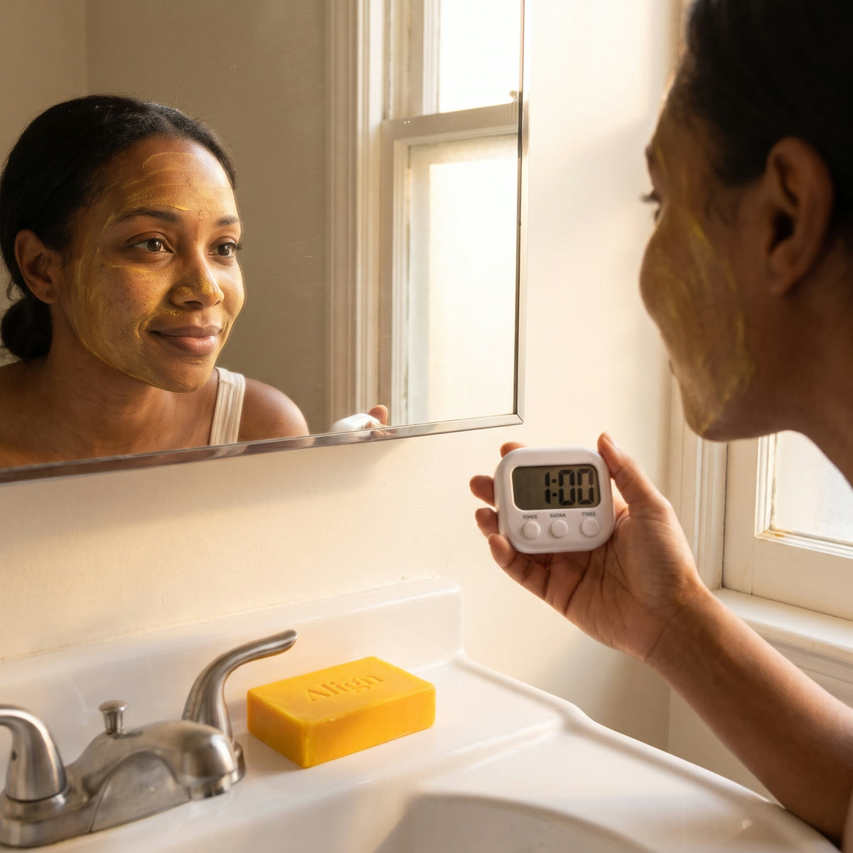 Woman with yellow turmeric lather on her face holding a timer showing 1:00