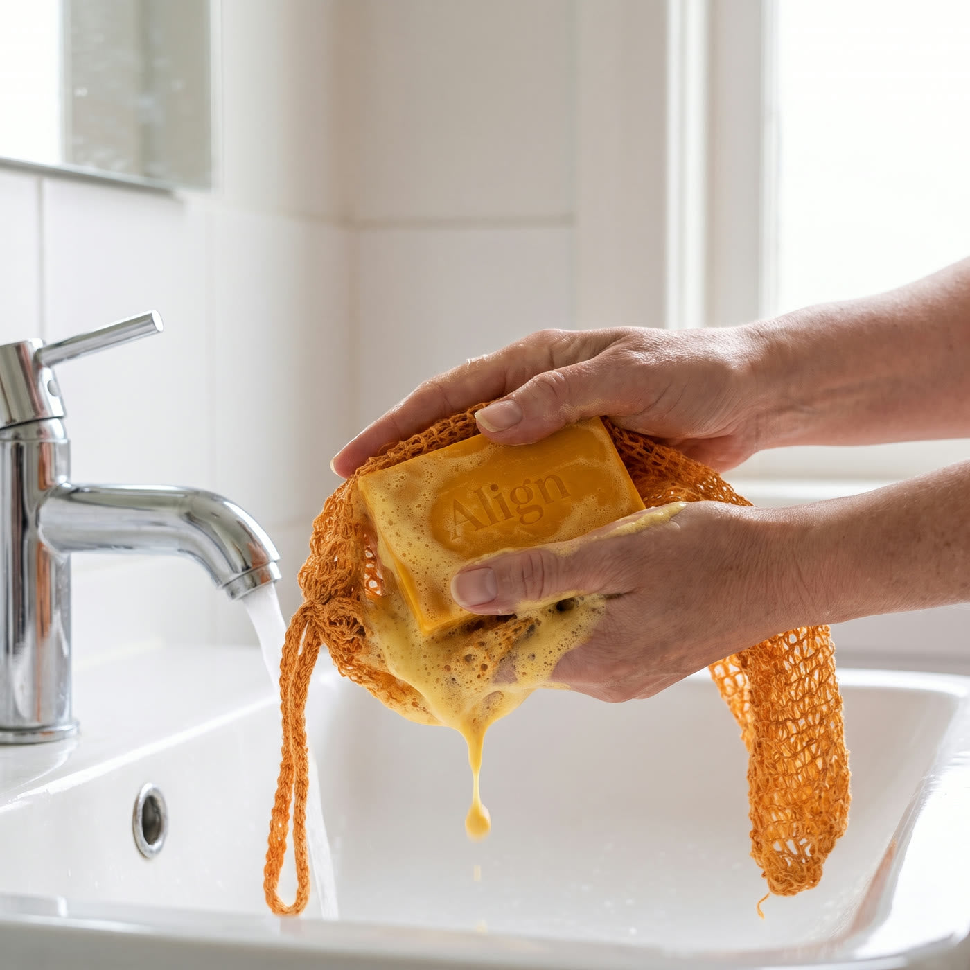 Sun spots on the hands: lathering the bar in the exfoliating net